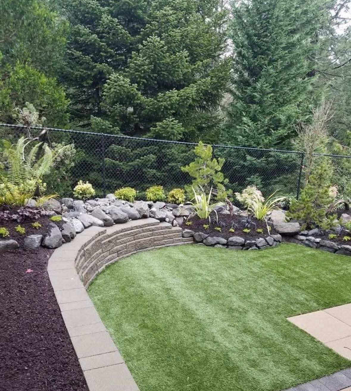 Lawn and planting areas with stone edging