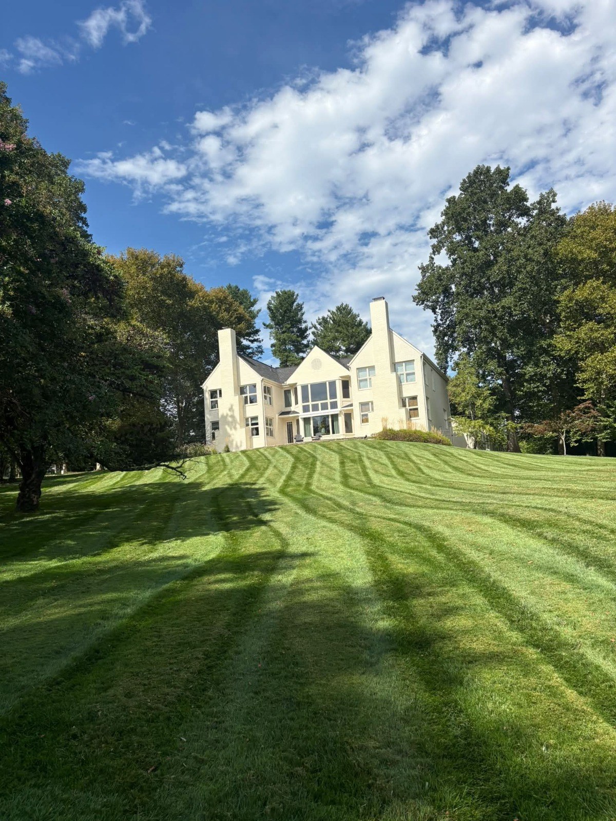 Freshly mowed lawn with curved stripes at a residential property
